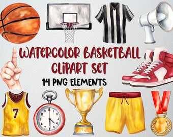 Watercolor Basketball Clipart Set: Sports Illustrations (14 PNG)