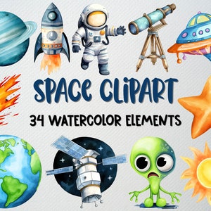 Watercolor Space Clipart Set Of 34 PNG Files, Alien Clip art, Moon Clipart, Planet Clipart, Star Clipart, Galaxy Clipart, COMMERCIAL LICENSE