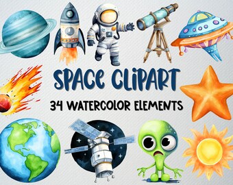 Set di clipart spaziali ad acquerello: 34 grafiche PNG della galassia (licenza commerciale)