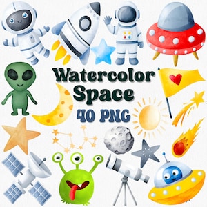 Ensemble de cliparts aquarelle espace - astronaute, galaxie, ovni, fusée, lune, étoiles, planète, science-fiction PNG, anniversaire de l'espace, baby shower, art céleste