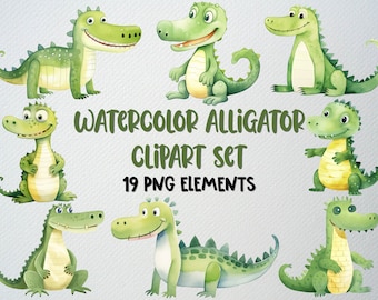 Watercolor Alligator Clipart Set: 19 PNG Reptile Illustrations (Commercial License)