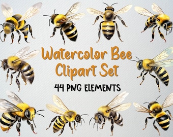 Watercolor Bee Clipart Set: 44 PNG Files, Commercial Use