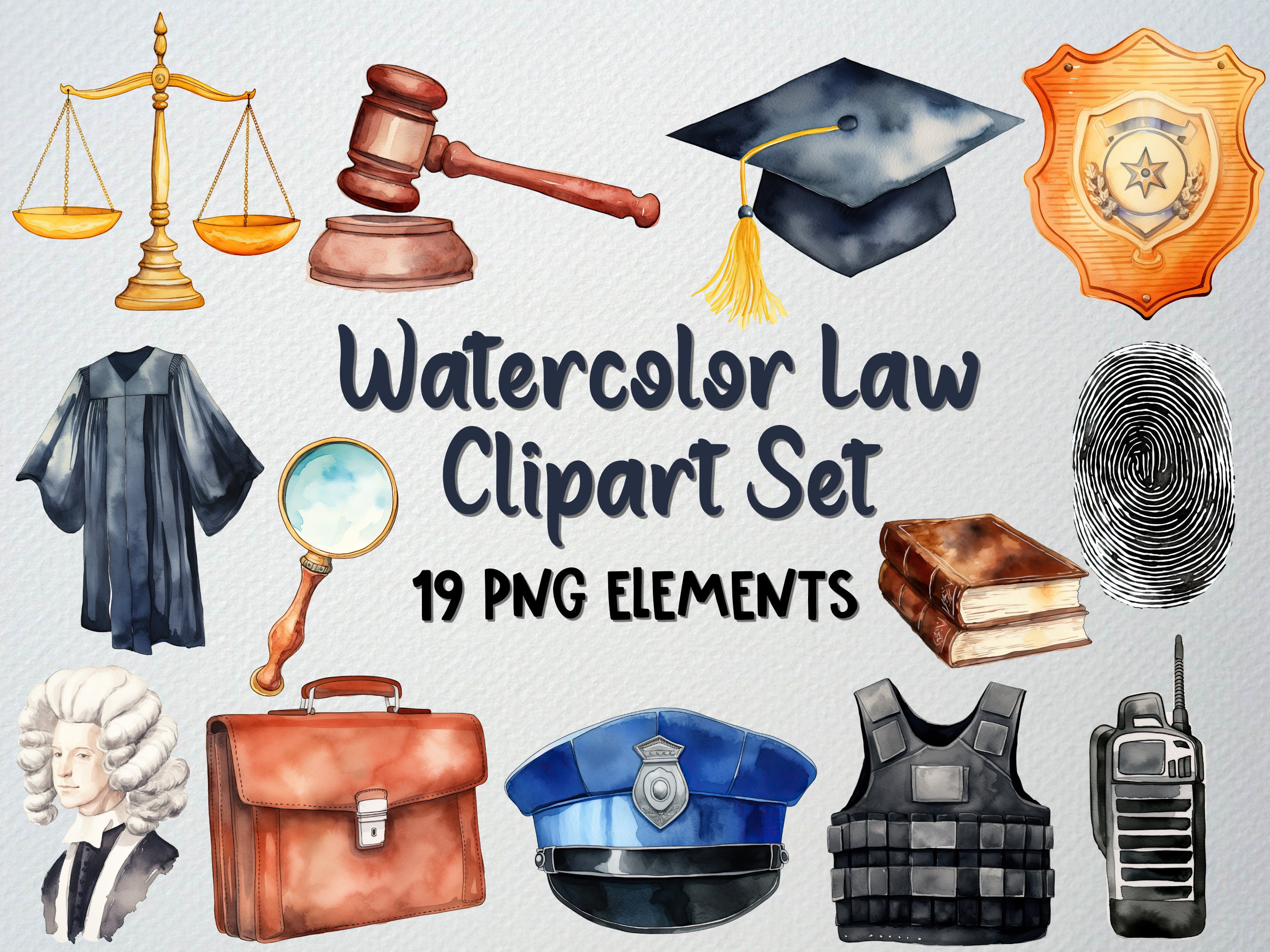 Watercolor Law Clipart Set of 19 PNG Files, Justice Clipart, Police