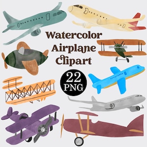 Watercolor Airplane Clipart Set: 22 PNG Graphics (Commercial Licence)