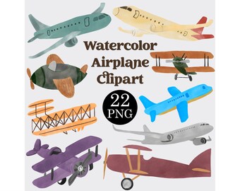Aquarell Flugzeug Clipart Set: 22 PNG Grafiken (Kommerzielle Lizenz)