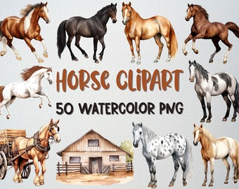 Watercolor Horse Clipart Set: Farm Animal PNG Images (Commercial License)