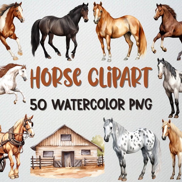 Clipartset aquarel paard: boerderijdieren png-afbeeldingen (commerciële licentie)
