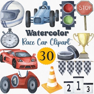 Watercolor Race Car Clipart - 30 PNG, Racing Car Clip Art Set, Baby Shower, Party Invitation, Boys Room Decor, Nursery Art