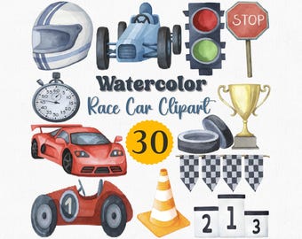 Watercolor Race Car Clipart: 30 PNG Graphics, Nursery Art (Digital Download)