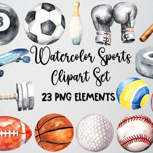 Zestaw 23 plików PNG z akwarelowymi sportowymi clipartami, ilustracjami sportowymi, clipartami koszykówki, clipartami piłkarskimi, clipartami golfowymi, grafikami sportowymi