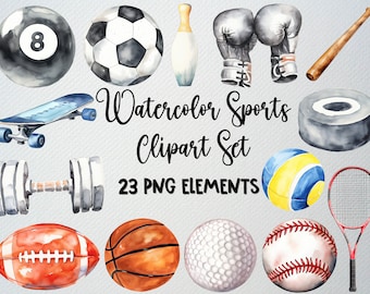 Aquarel sport clipartset: 23 png-afbeeldingen (digitale download)