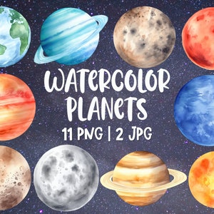 Aquarell Planet Clipart-Set von 13 PNG-Dateien, Sonnensystem Clipart, Erde Clipart, Weltraum Clipart, Planeten Png, KOMMERZIELLE LIZENZ