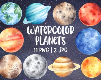 Watercolor Planet Clipart Set: Solar System PNG Graphics (Commercial License)