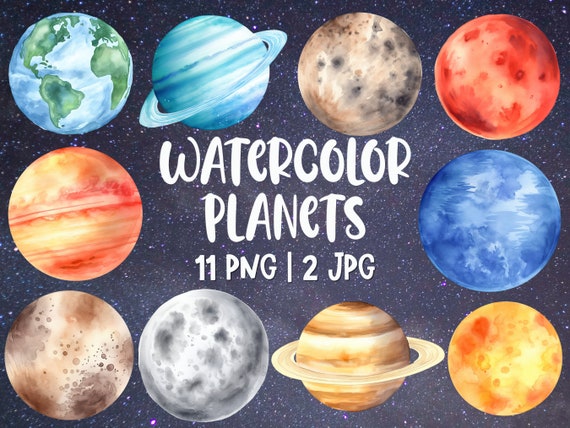 Watercolor Planet Clipart Set: Solar System PNG Graphics (Commercial License)