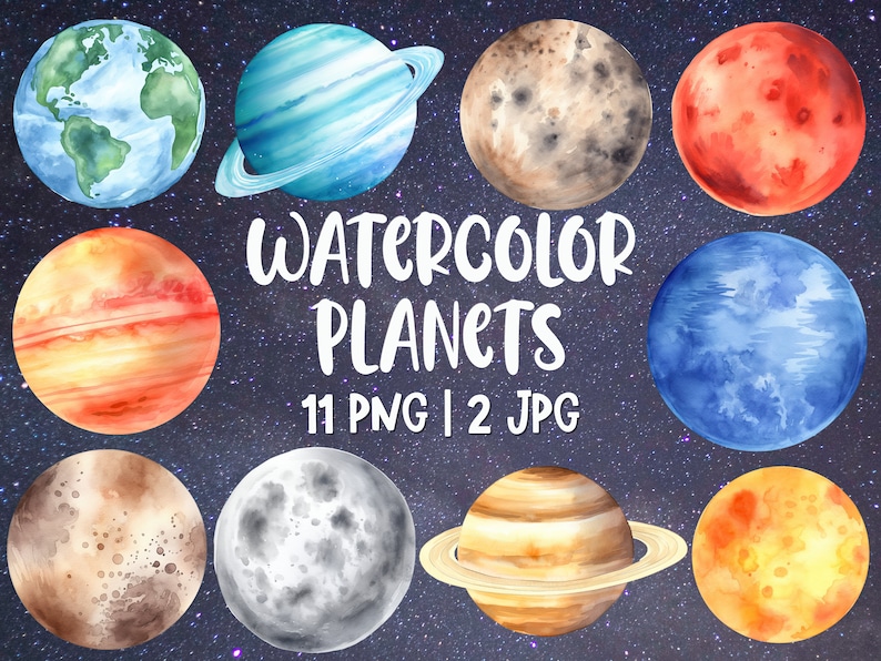 Pu&ograve; includere: Dipinto ad acquerello di 11 pianeti in uno spazio blu scuro con stelle. I pianeti sono dipinti in vari colori, tra cui blu, verde, rosso, arancione e giallo. I pianeti hanno anelli e crateri. Il testo "WATERCOLOR PLANETS 11 PNG | 2 JPG" &egrave; scritto in bianco.