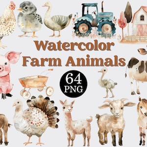 Watercolor Farm Animals Clipart Set: 64 PNG Files (Commercial License)