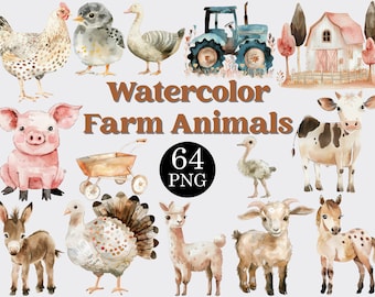 Watercolor Farm Animals Clipart Set: 64 PNG Files (Commercial License)