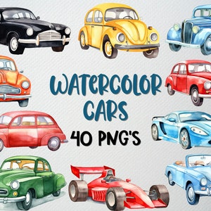 Aquarel auto's clipart set van 40 png-bestanden, transport clipart, oldtimer clipart, raceauto, sportwagen, auto's png, commerciële licentie