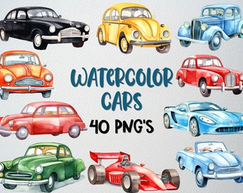 May include: A watercolour illustration featuring a collection of classic cars in various colours such as black, yellow, blue, red, and green. The image includes the text "Watercolor Cars" and "40 PNG'S".
