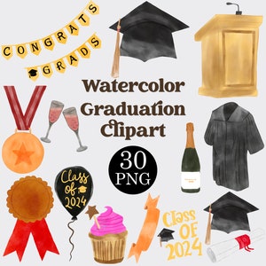 Aquarell Abschlussfeier Clipart-Set mit 30 PNG-Dateien, Abschlussfeier Png, Clipart für Abschlussfeier, Abschlussfeier Png, Diplom Png, KOMMERZIELLE LIZENZ