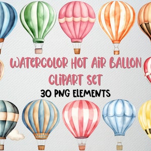 Aquarell Heißluftballon Clipart-Set mit 30 PNG, Kinderzimmerdekor, Heißluftballon Clipart, Sommer Clipart, Transport Clipart, KOMMERZIELLE LIZENZ