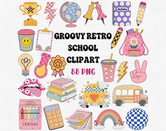 Pacchetto di clipart scolastiche retrò in stile Groovy PNG, Ritorno a scuola PNG, Clipart per insegnanti in stile retrò, Decorazioni per l'aula, 88 file PNG