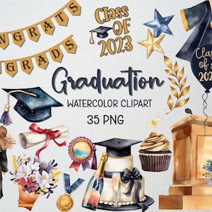 Afstuderen clipart, aquarel afstuderen illustraties set van 35 png-afbeeldingen, pet en toga clipart, afgestudeerden, diploma png, afstudeerfeest png