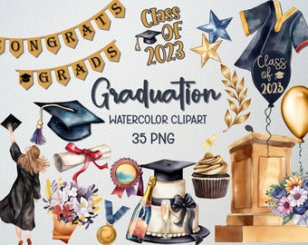 Graduation Clipart, Watercolor Graduation Clip art Set of 35 PNG Images, Cap And Gown Clipart, College Grads, Diploma PNG, Grad Party PNG