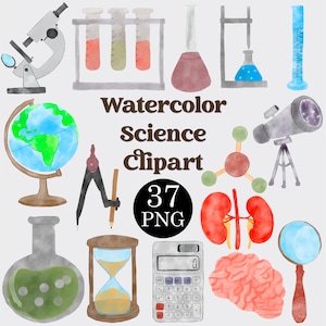 Watercolor Science Clipart Set Of 37 PNG Files, Laboratory Clipart, Chemistry Clipart, Biology Clipart, Science Graphics, COMMERCIAL LICENSE
