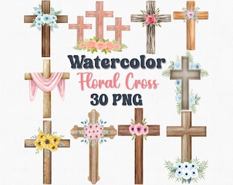 Watercolor Floral Cross Clipart: Christian Easter Designs (30 PNG)