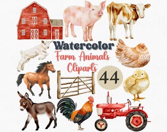 Clipart di animali da fattoria ad acquerello: decorazioni rustiche per la cameretta dei bambini (44 PNG) (download digitale)
