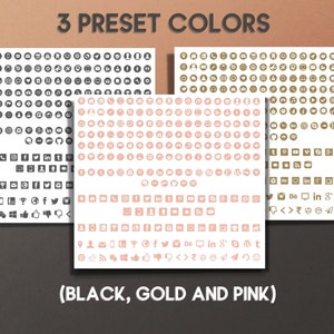 May include: Three sets of social media icons in black, gold, and pink. Each set includes over 100 icons.