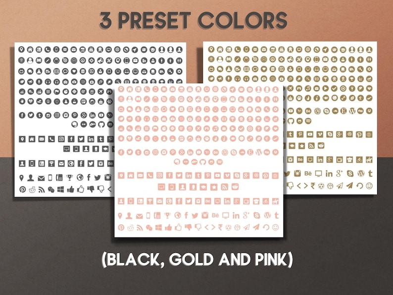 May include: Three sets of social media icons in black, gold, and pink. Each set includes over 100 icons.