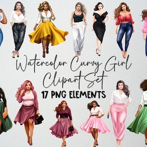 Watercolor Curvy Girl Clipart Set Of 17 PNG Files, Plus Size Clipart, Curvy Girl Illustration, Fashion Girl Clipart, COMMERCIAL LICENSE