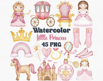 Clipart di principesse ad acquerello, grafica di fiabe (45 file PNG)