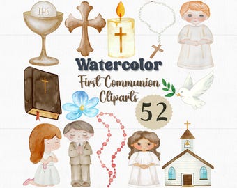 Watercolor First Communion Clipart Set: Religious PNG Illustrations (Digital Download)