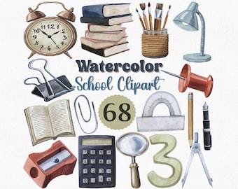 Clipart scolastiche ad acquerello: 68 file PNG, risorse per insegnanti (download digitale)