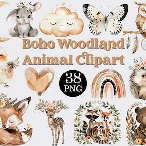 Aquarelle bohème des bois animaux Clipart ensemble de 38 fichiers PNG, animaux de la forêt Png, Woodland baby shower Png, renard Clipart, LICENCE COMMERCIALE