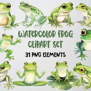 Aquarel kikker clipart set van 31 png-bestanden, schattige kikker clipart, pad clipart, amfibie clipart, kikker illustratie, commerciële licentie