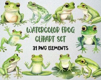 Watercolor Frog Clipart Set: 31 PNG Illustrations (Commercial License)