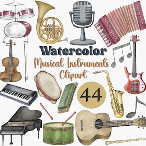 Watercolor Musical Instrument Clipart Set – 44 PNG, Music Clipart, Violin, Piano, Trumpet, Drum, Guitar, Orchestra, Music Classroom Decor