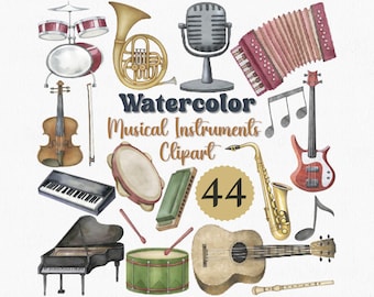 Watercolor Musical Instrument Clipart Set: 44 PNG Graphics (Digital Download)
