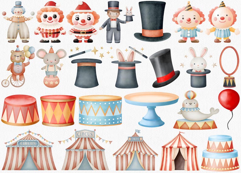 Watercolor Circus Clipart Set: 111 Carnival PNG Graphics (digital ...