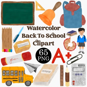 Ensemble de cliparts aquarelle pour la rentrée - bus, étudiants, salle de classe, fournitures - licence commerciale incluse, parfait pour les projets de rentrée