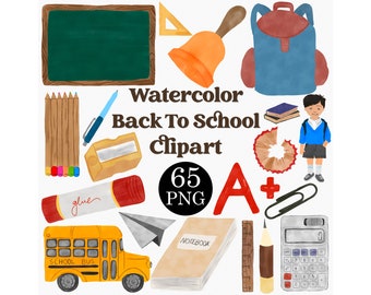 Watercolor Back-to-School Clipart Set: 65 PNG Graphics (Commercial License)