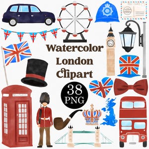 Watercolor London Clipart Set: British Landmarks, UK Travel (PNG, Commercial License)