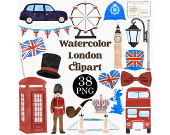 Watercolor London Clipart Set: British Landmarks, UK Travel (PNG, Commercial License)