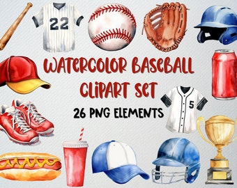 Watercolor Baseball Clipart Set: Sports Illustrations (26 PNG Files)