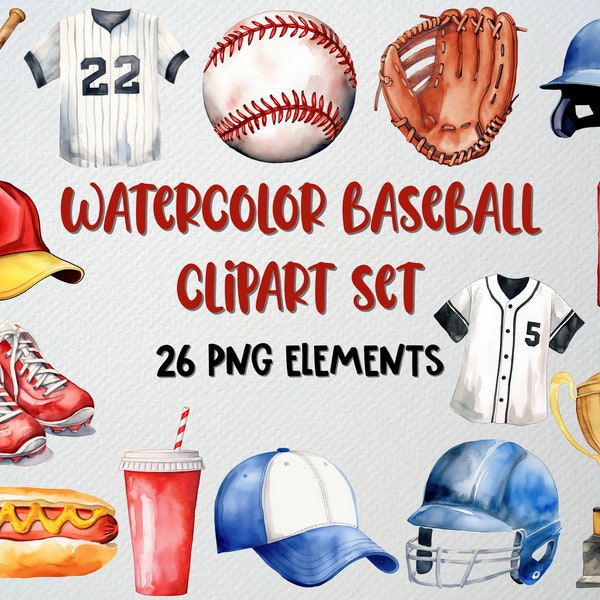 Watercolor Baseball Clipart Set Of 26 PNG Files, Sports Clipart, Baseball Illustration, Game Clipart, Sports Graphics, COMMERCIAL LICENSE