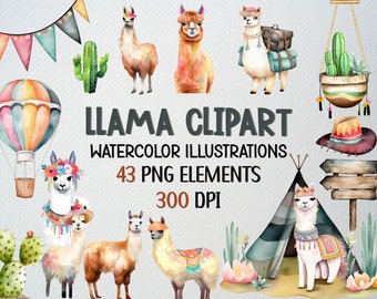 Watercolor Llama Clipart Set: 43 PNG Files, Alpaca & Cactus (Digital Download)